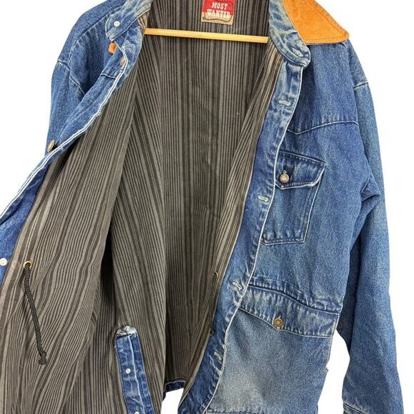 Most Wanted 100% Cotton Denim Leather Collar Barn Chore Field Jacket Coat sz L - Picture 14 of 16